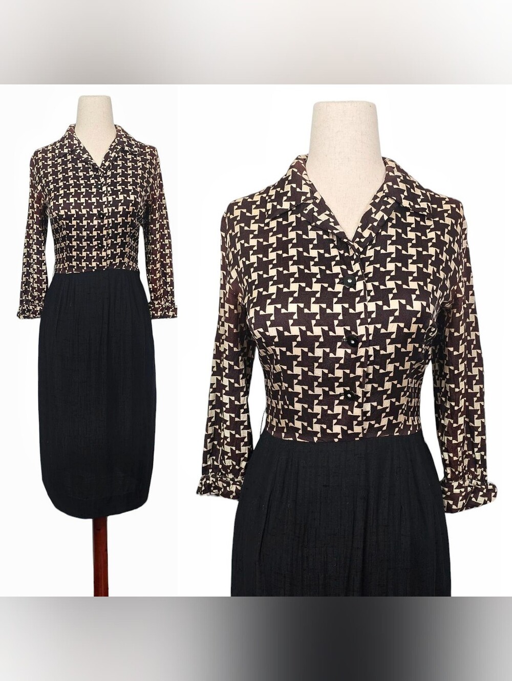 1950s Vintage Dress 50s Cocktail Wiggle Brown Cream Houndstooth Small Leslie Fay